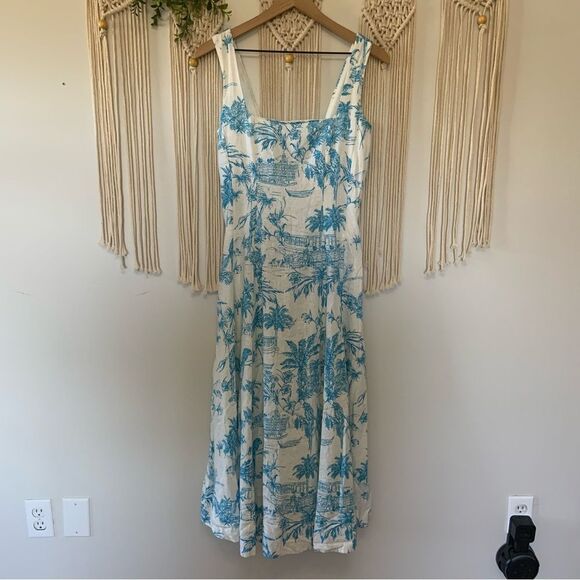 JOIE linen Blend Toile PrintFit & Flare Midi Dress Blue White Size 4 - Picture 2 of 12